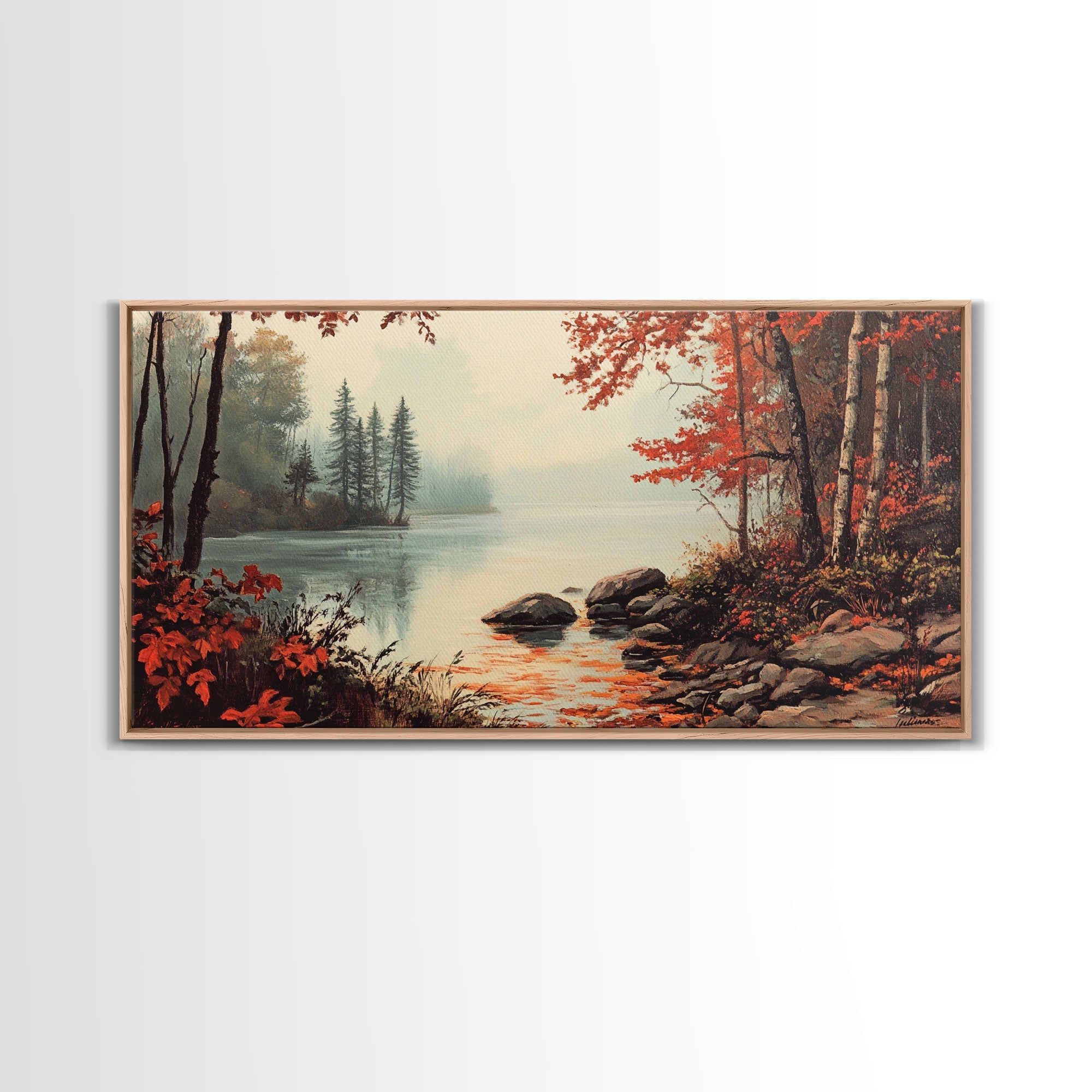 Fall On The River, Rustic Landscape Painting, Primitive Wall Art, Framed Canvas Print, retro festive holiday wall art Christmas decor