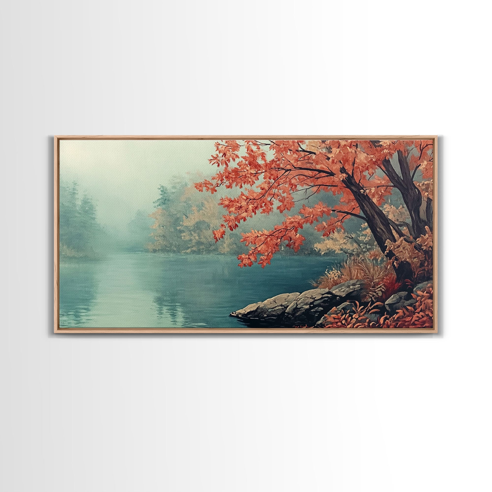 Fall On The Lake, Watercolor Landscape Painting Framed Canvas Print, retro holiday decor wall art with nostalgic vibe