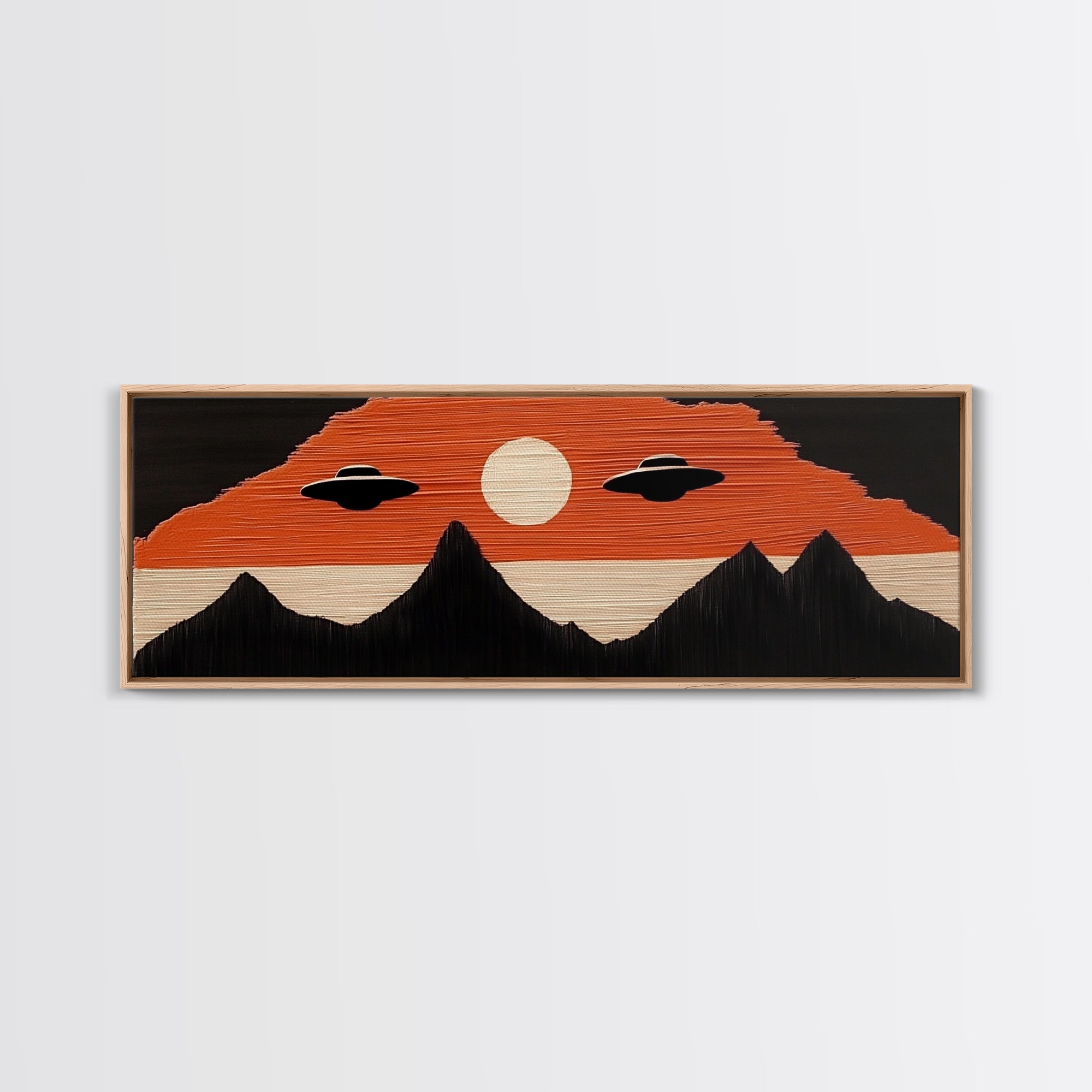 Flying Saucers over The Mountains - Retro Art Deco Inspired Scifi Art - Panoramic Print - Cute Nursery Decor