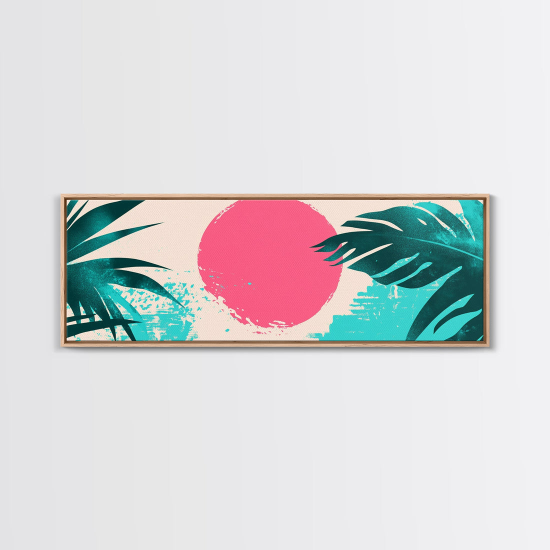 Vaporwave Style Wall Art, Pink Sun and Turquoise Palm Leaves, Retro 1980s Vibes Beach Decor, Panoramic Vintage Wall Art