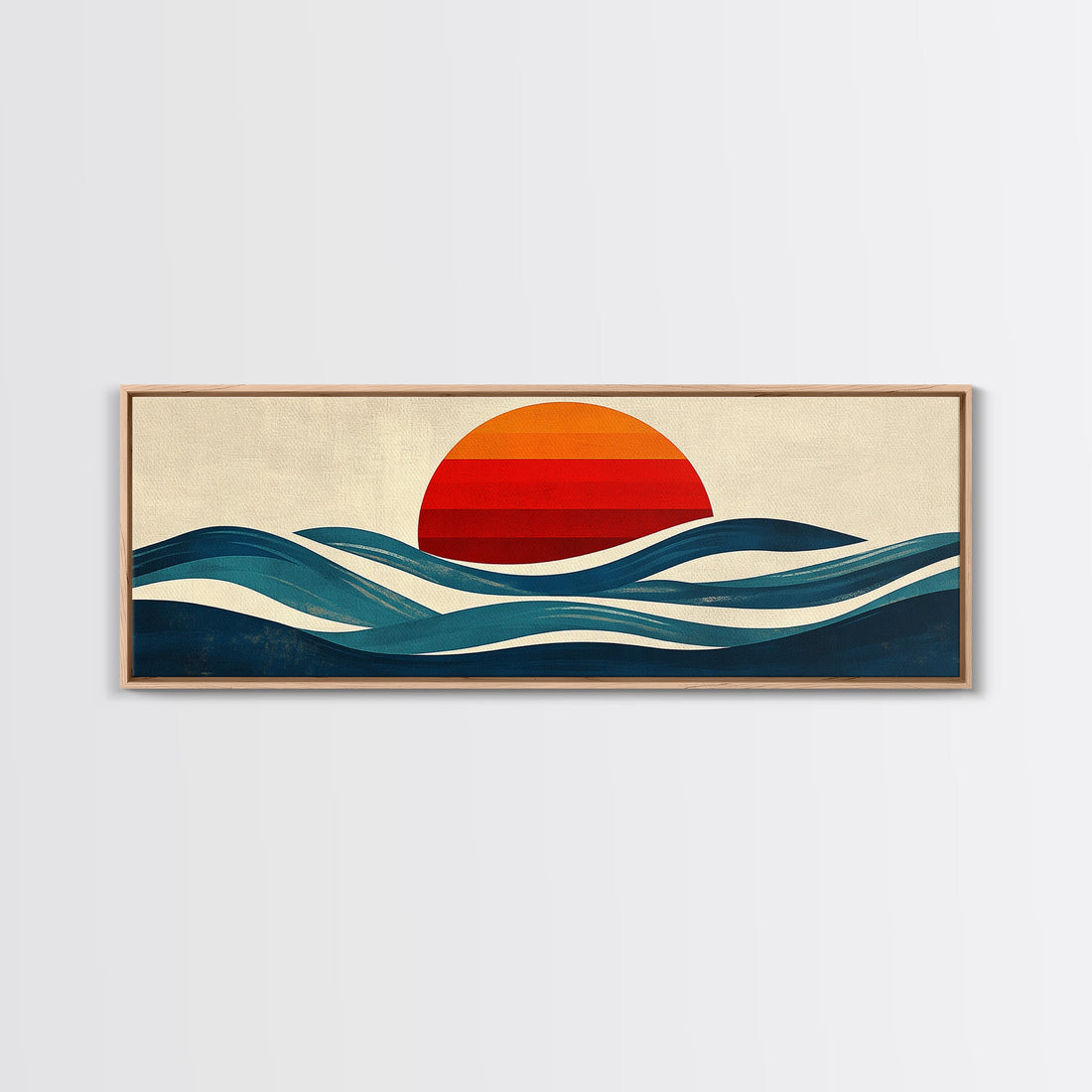 Retro Art Deco Sunset over The Ocean, Framed Canvas Print, Vector Image Style Artwork, Wood Frame, Boho / Eclectic Home Decor, Minimalist Decor