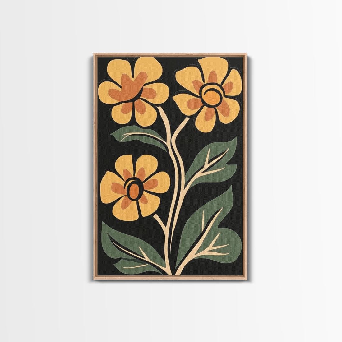 Large Framed Vintage Style Botanical Wall Art Canvas Print - Retro Mid-Century Modern Flower Print - Canvas Wall Art Floral Decor