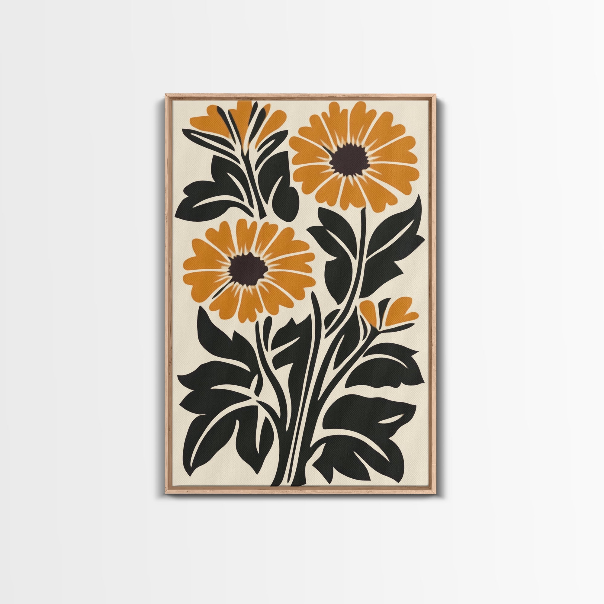 Midcentury Modern Boho Flowers Bouqet Wall Art Canvas Print, MCM Wall Art, Retro Style Abstract Art, Orange Flowers on White Background