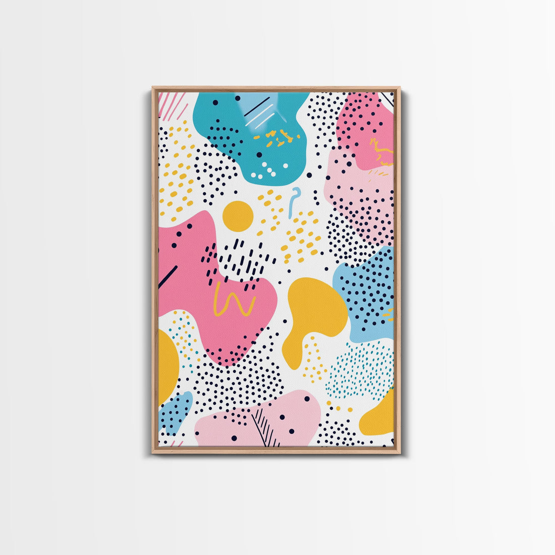 Retro 90s Style Wall Art, Framed Canvas Print, Abstract Shapes and Dots