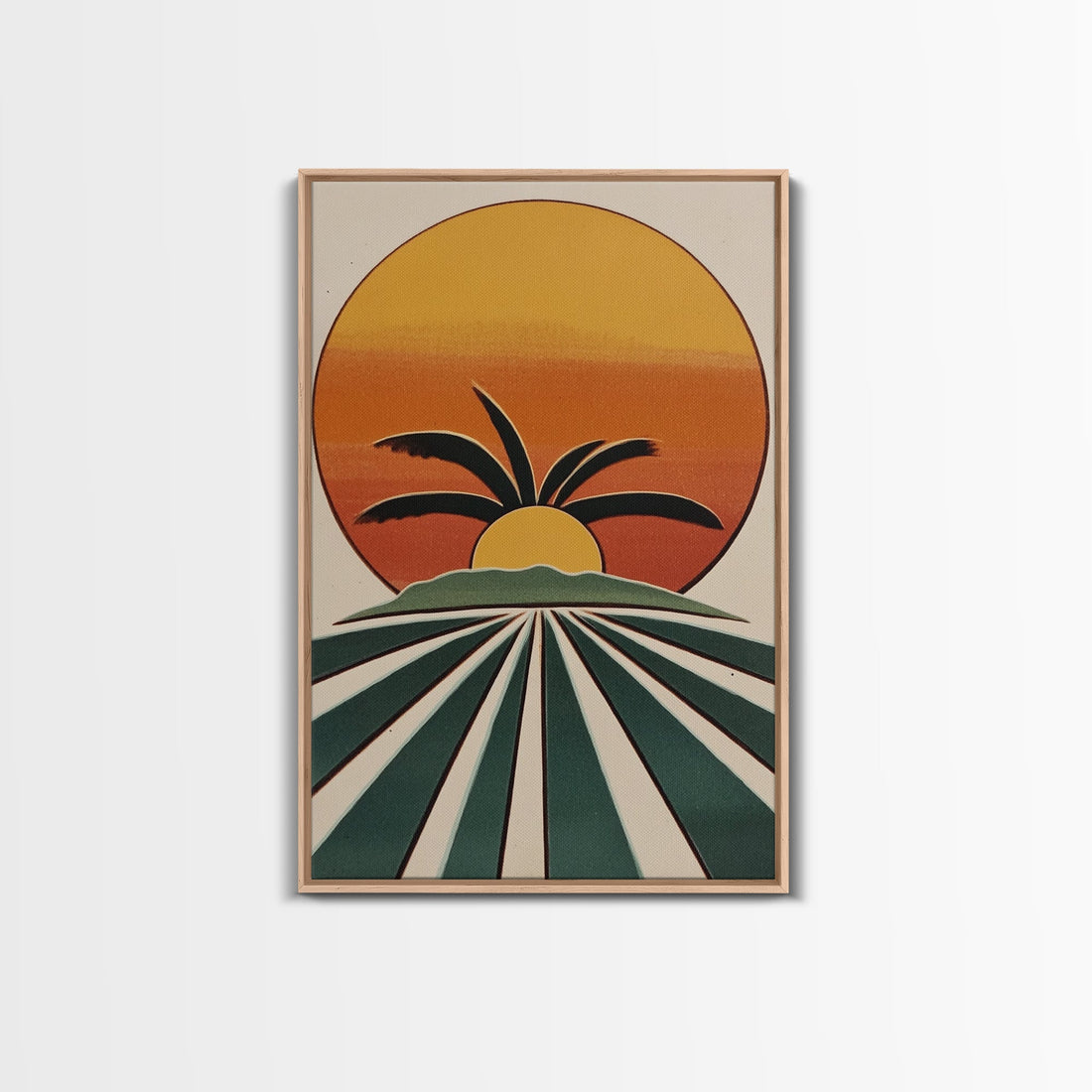 Palm Tree Sunset, Wood Framed Wall Art, Canvas Print, Boho Home Decor, Retro Style Modern Art