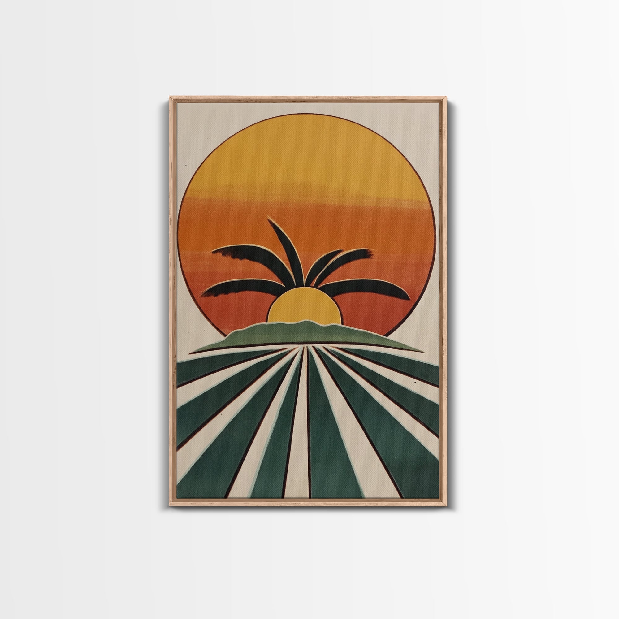 Palm Tree Sunset, Wood Framed Wall Art, Canvas Print, Boho Home Decor, Retro Style Modern Art