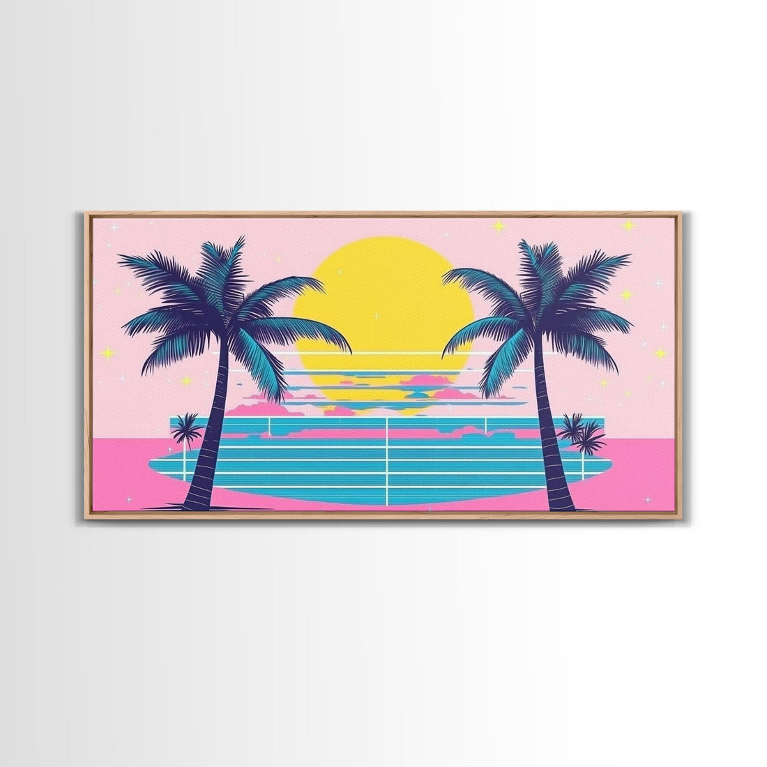 Retro Synthwave Wall Art, Outrun Home Decor Framed Canvas Print, Two Palm Trees and a Sunset