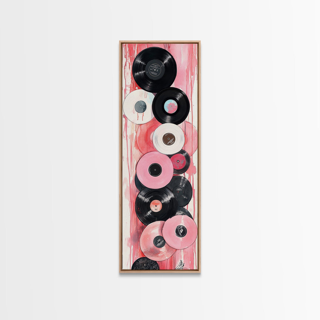 Pink Vinyl Records Framed Canvas Print, Retro Music Lover Whimsical Art, Light Pink and Black Vintage-Inspired Above Couch Wall Art