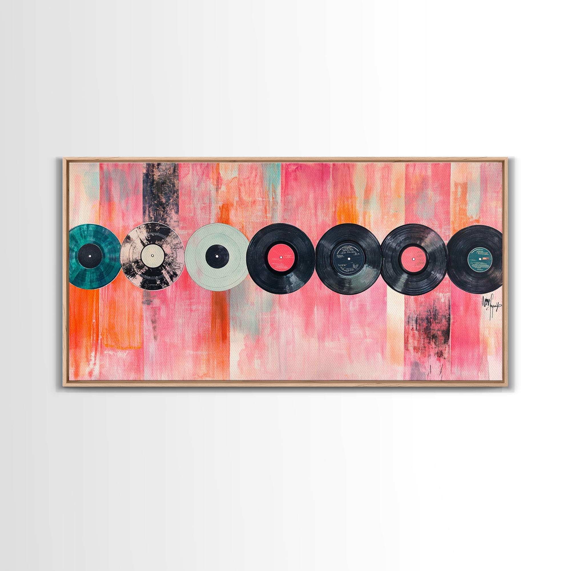 Vinyl Record Wall Art Framed Canvas Print, Pink Orange Abstract Music Art, Retro Living Room Art Minimalist Gift Idea Her