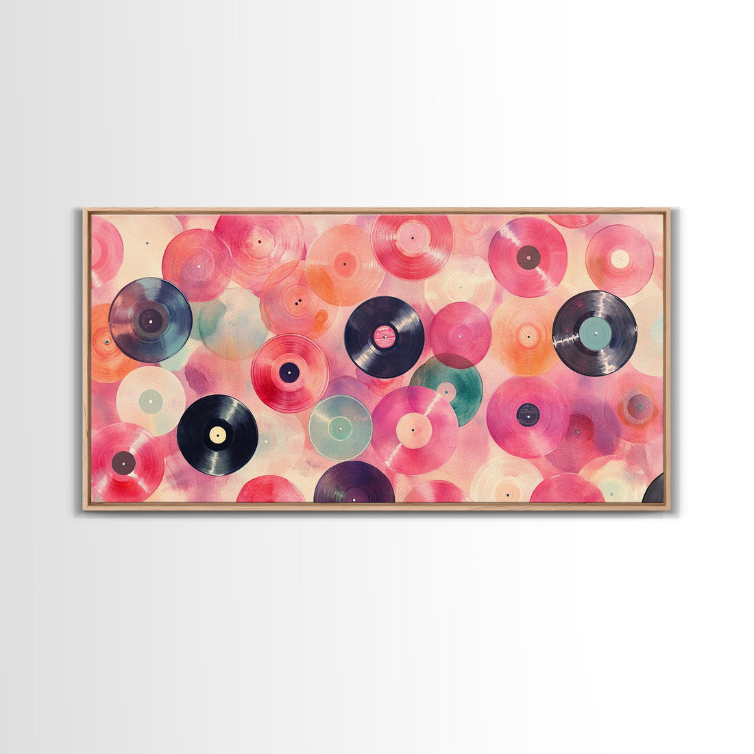 Vinyl Record Painting Framed Canvas Print Pink Abstract Art Vintage Wall Art Retro Whimsical Art Living Room Decor Gift Idea