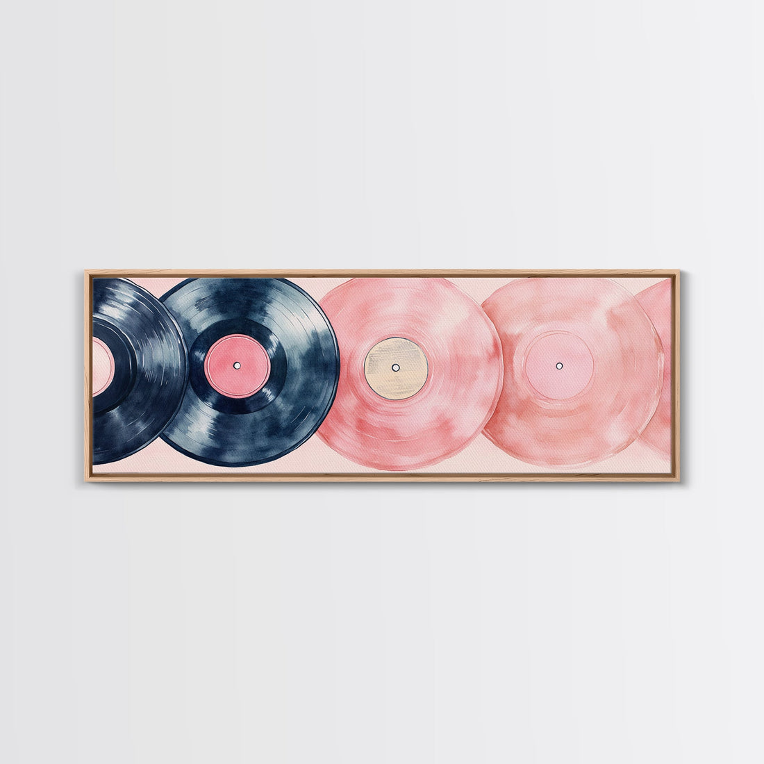 Vintage Vinyl Records Framed Canvas Print - Retro Music Art, Pink Abstract Painting, Whimsical Dorm Wall Decor, Horizontal Wall Art Gift Idea