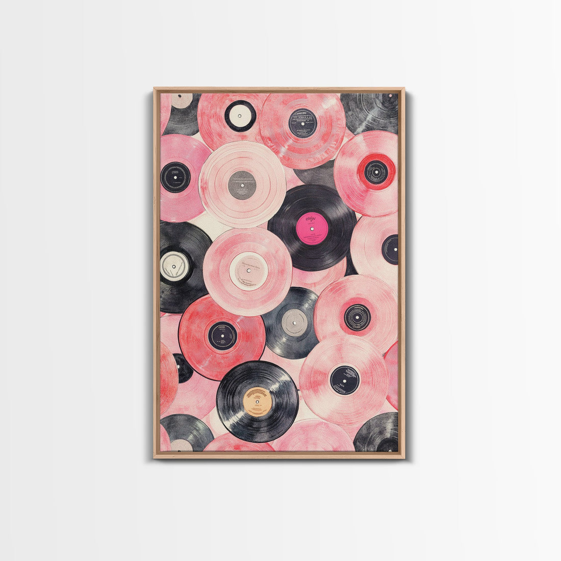 Vinyl Records Framed Canvas Print Retro Pink Wall Art Vintage Music Decor Whimsical Art Cottagecore Aesthetic Gift Idea Bedroom Art