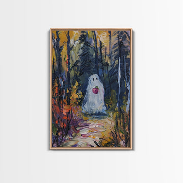 Halloween Ghost in Forest with Apple Framed Canvas Print, Whimsical Spooky Decor, Living Room Art, Fun Halloween Art, Home Decor, Retro Art