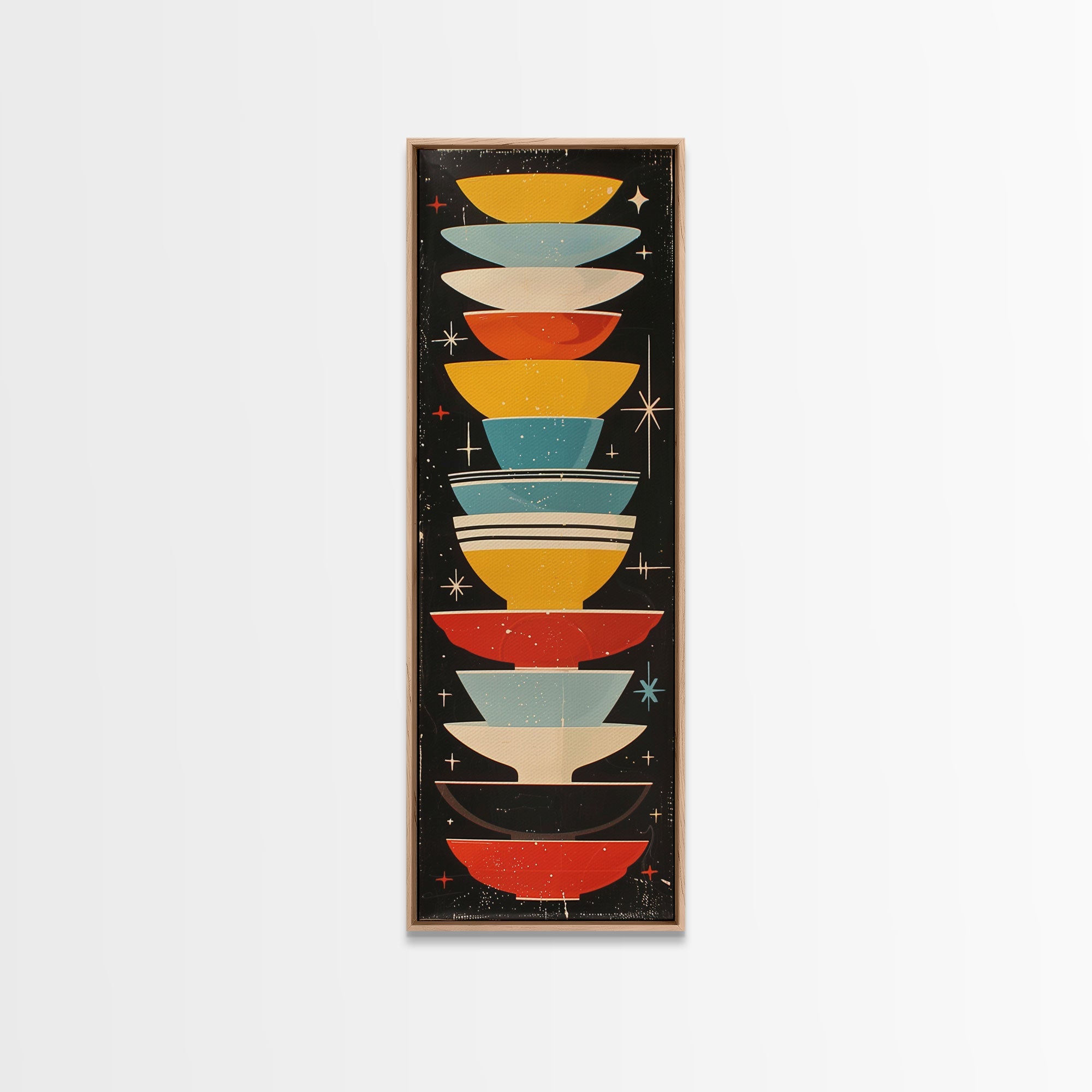 Retro Stacked Bowls Art in Midcentury Style - Framed Canvas Print, Skinny Tall Art for Living Room or Bedroom Decor
