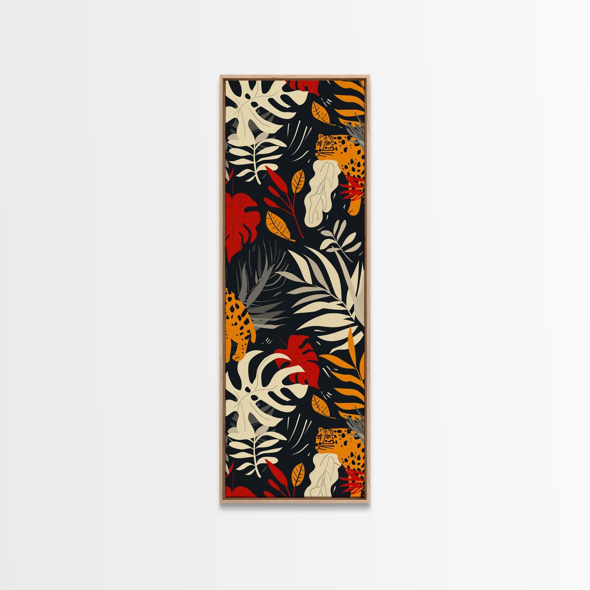 Jungle Foliage and Leopard Design on Black Background - Framed Canvas Print, Midcentury Modern Art, Skinny Art, Tall Art, Living Room Wall Decor, Boho Art