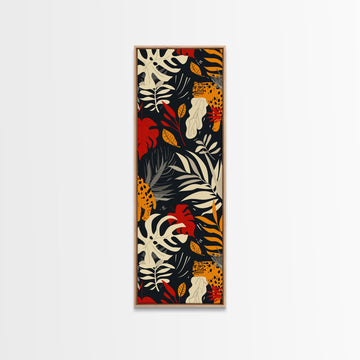 Jungle Foliage and Leopard Design on Black Background - Framed Canvas Print, Midcentury Modern Art, Skinny Art, Tall Art, Living Room Wall Decor, Boho Art