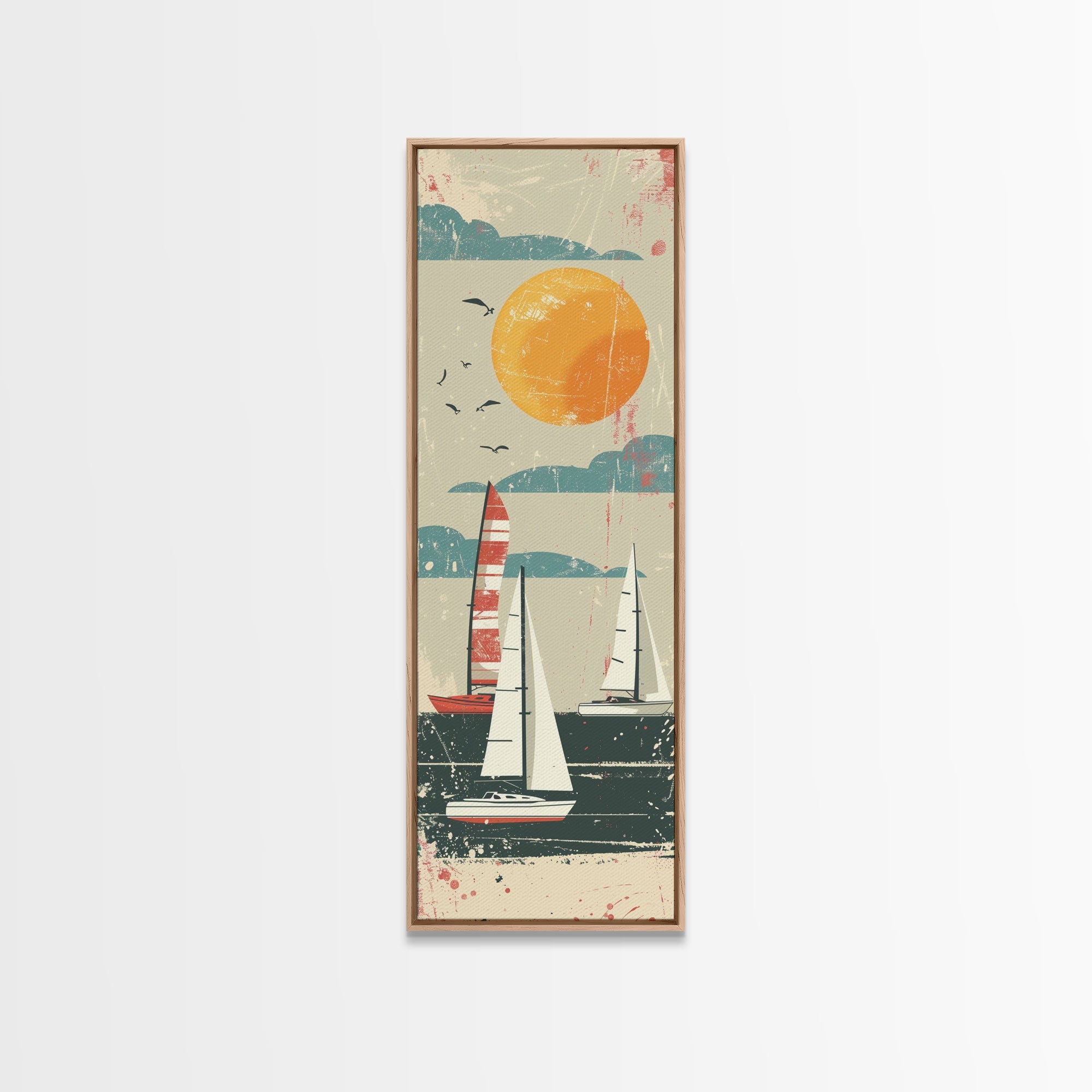 Sailboats Under the Sun, Retro Japanese Art Style Framed Canvas Print, Tall Skinny Art with a Vintage Touch