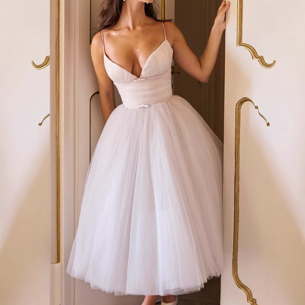 Sexy Solid Color Straps Tulle Backless Dress