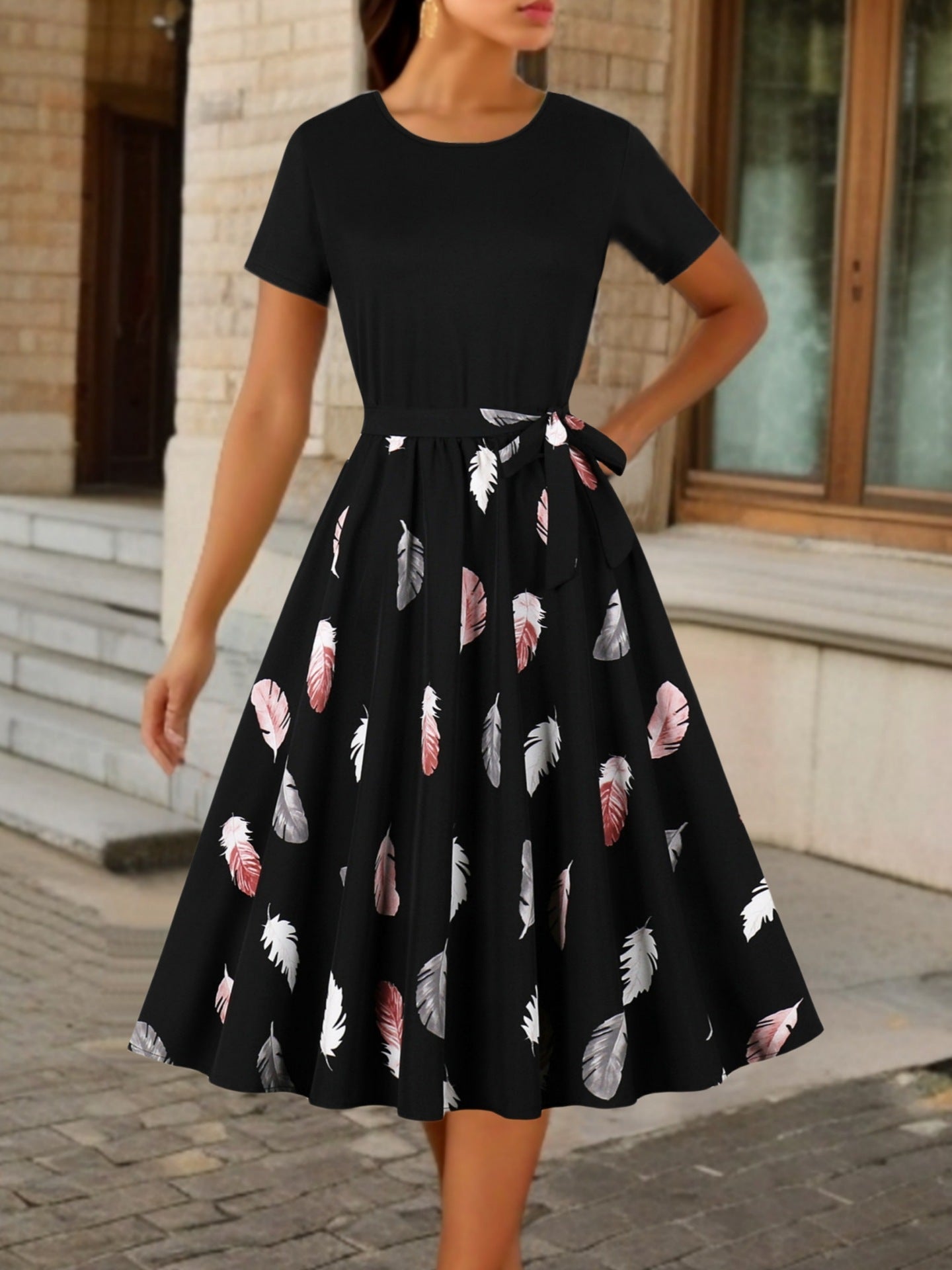 Round Neck Vintage Print Short Sleeves Dress