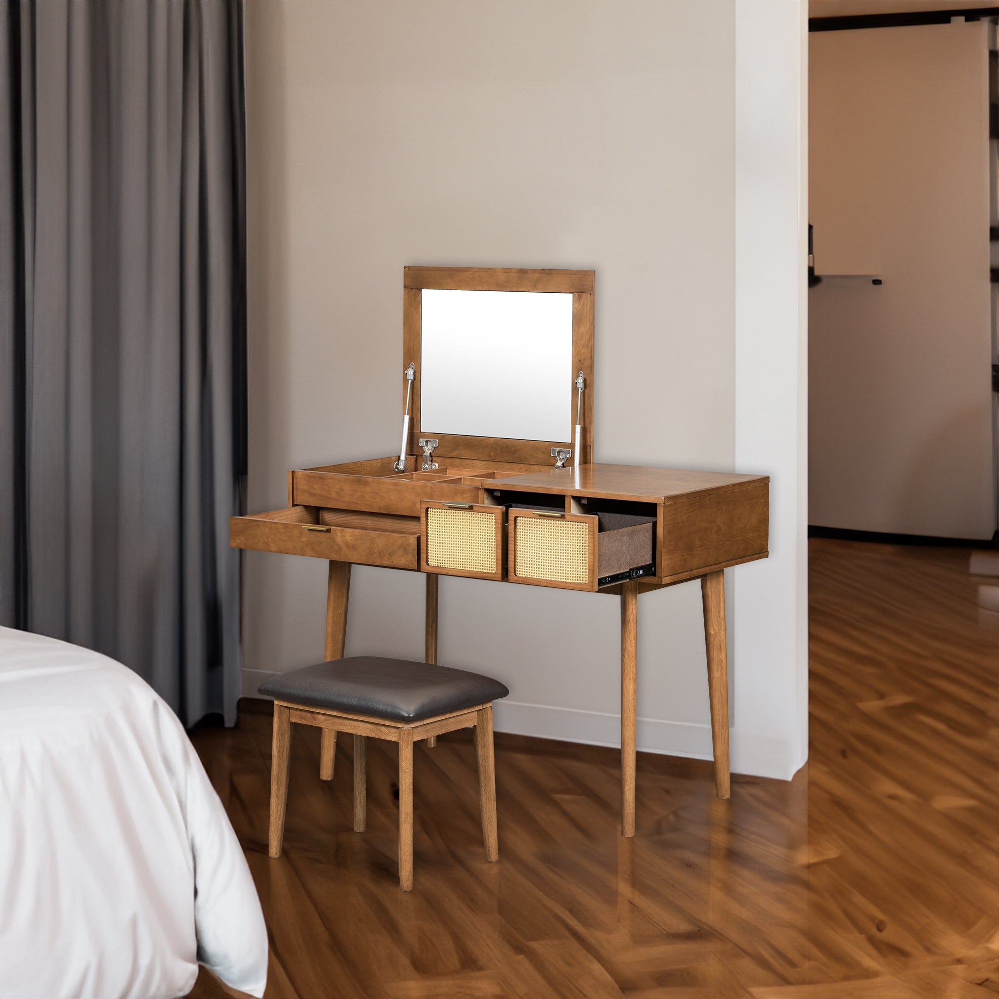 43.3 "Wooden vanity set with flip mirror and stool, three drawers and storage space for dressing table, brown