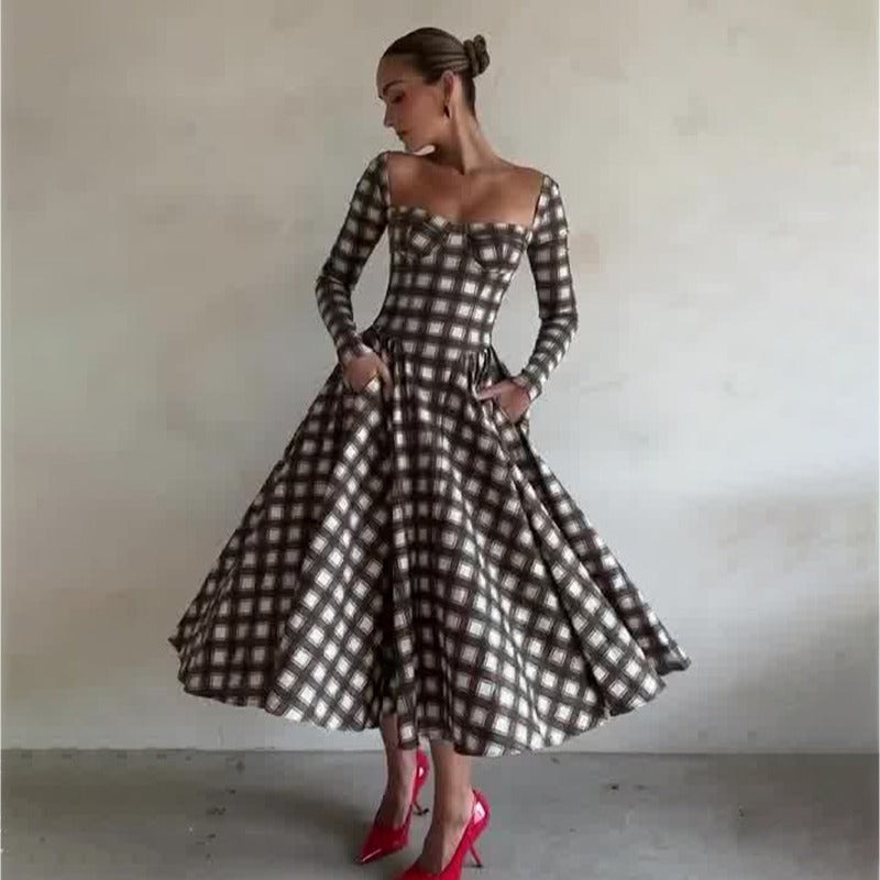 U-shaped collar checkered long sleeved slim fit belt retro dress for women