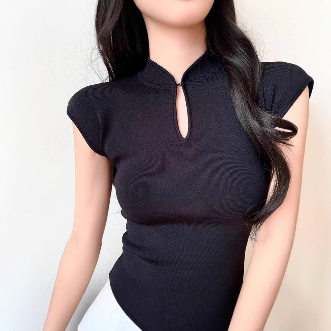 Style Traditional Button Half-Sleeve T-Shirt Women's Retro Slimming Short Fit Versatile Top