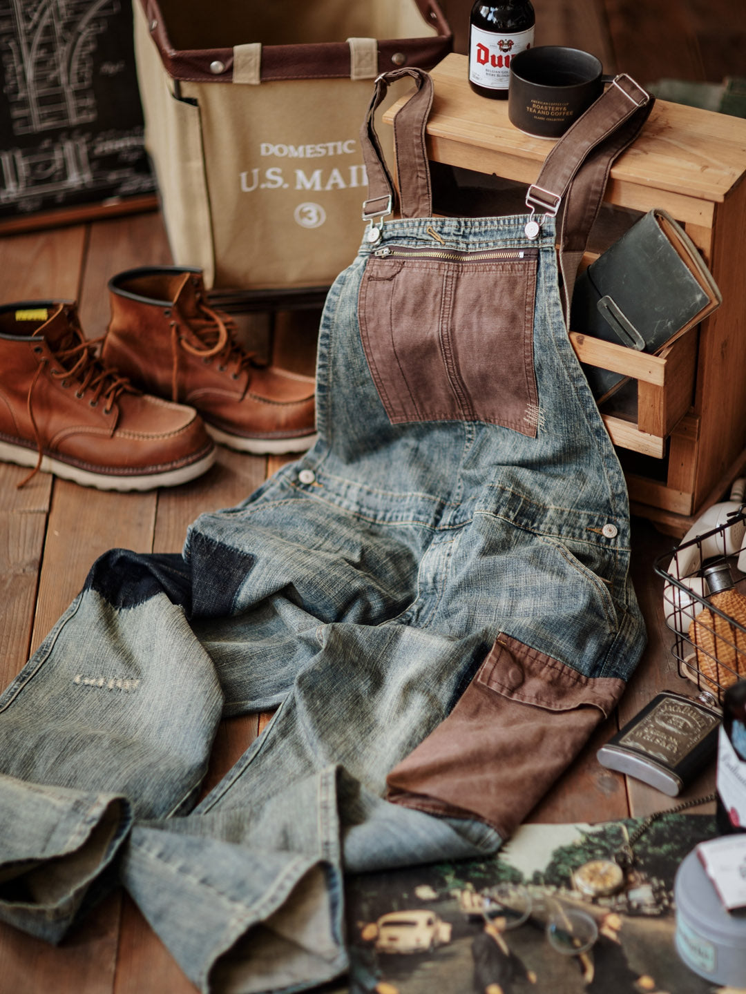 Distressed Denim Contrast Overalls