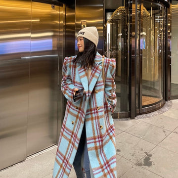 Vintage Wool Loose Coat Winter Puff Sleeve Blue Checked Coat for Women Korean Style High Quality