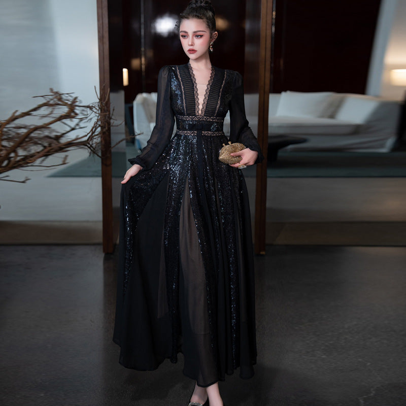 V-neck Long Sleeve Big Hem Dress