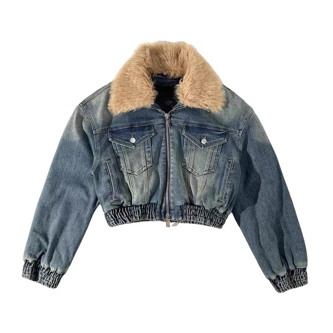 Women Street Vintage Detachable Fur Collar Argyle Quilted Lining Loose Casual Zipper Denim Jacket