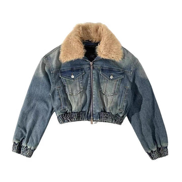 Women Street Vintage Detachable Fur Collar Argyle Quilted Lining Loose Casual Zipper Denim Jacket