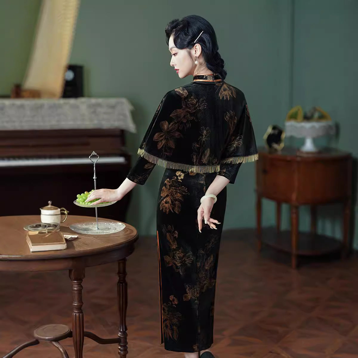 Autumn And Winter New Velvet Cheongsam Retro The Republic Of China Style Two-piece Set