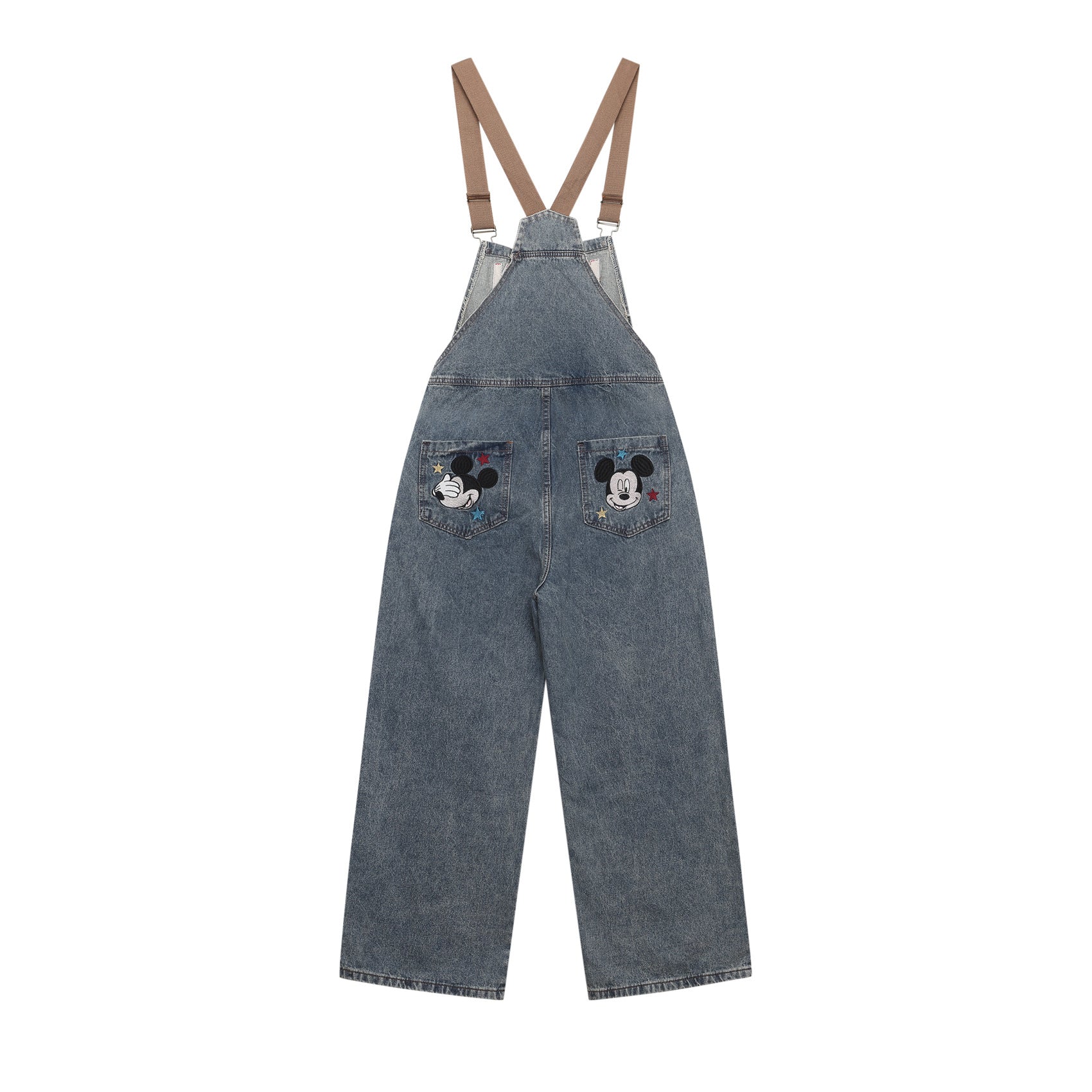 Retro Cartoon Embroidery Washed Denim Overalls Unisex Unique Design Loose Jumpsuit
