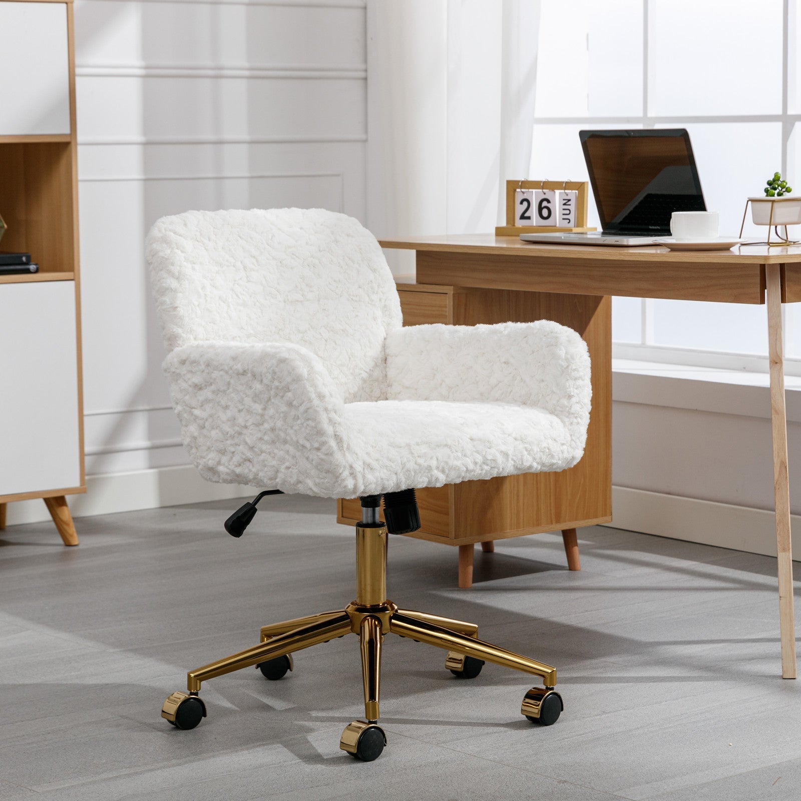 Artificial rabbit hair gold metal base home office chair adjustable chair rotating office chair, dressing chair (beige)