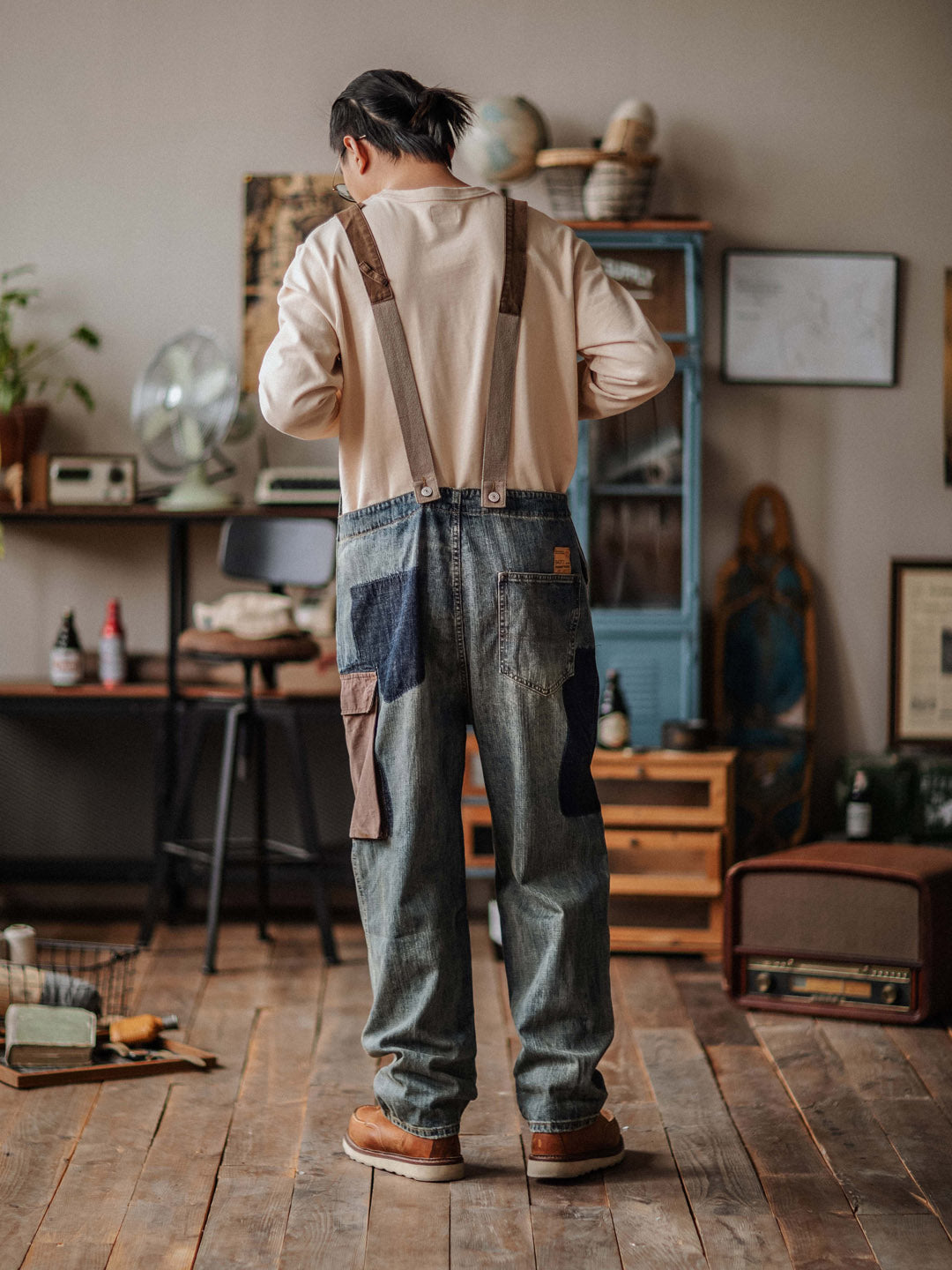 Distressed Denim Contrast Overalls