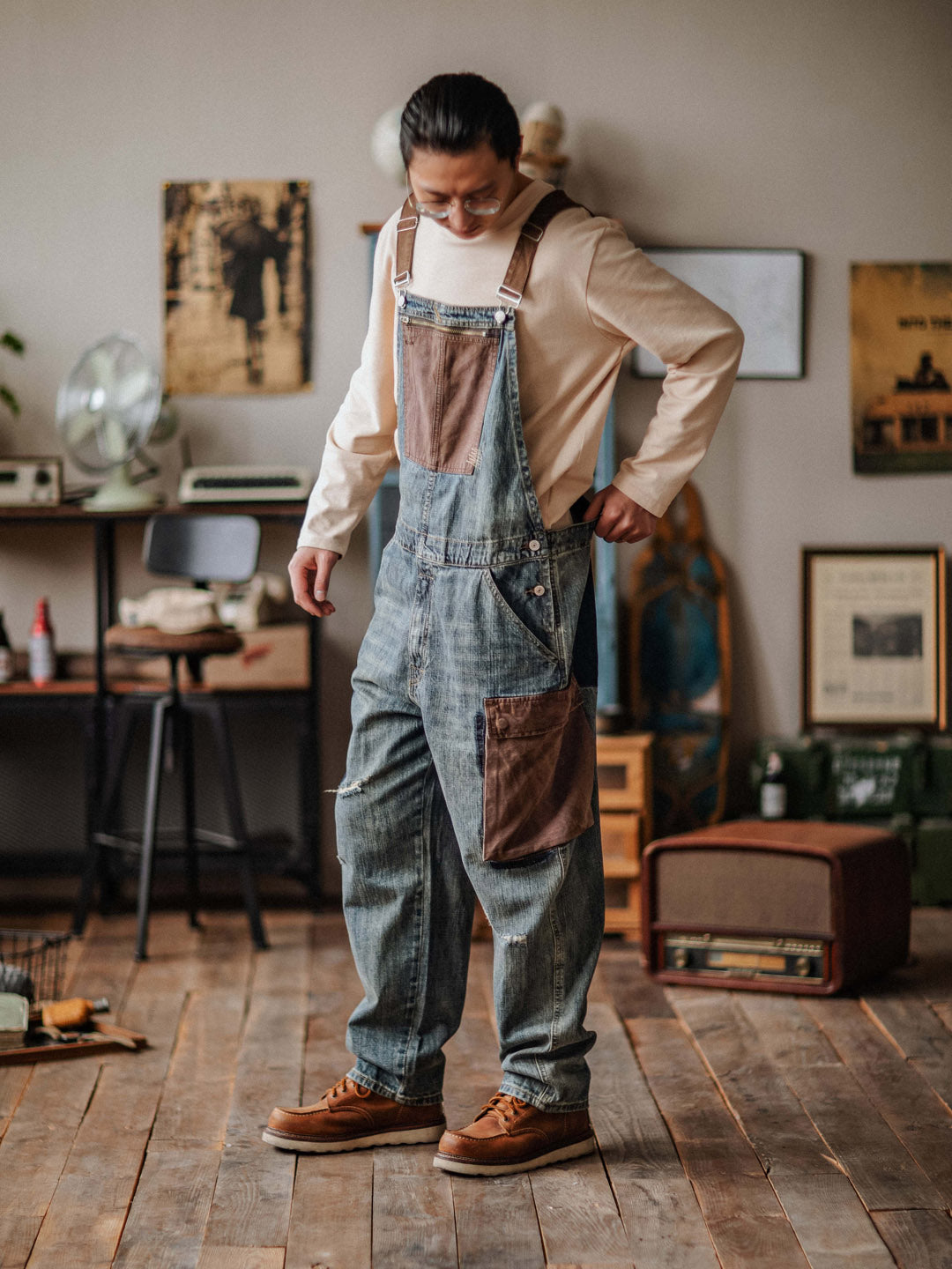Distressed Denim Contrast Overalls