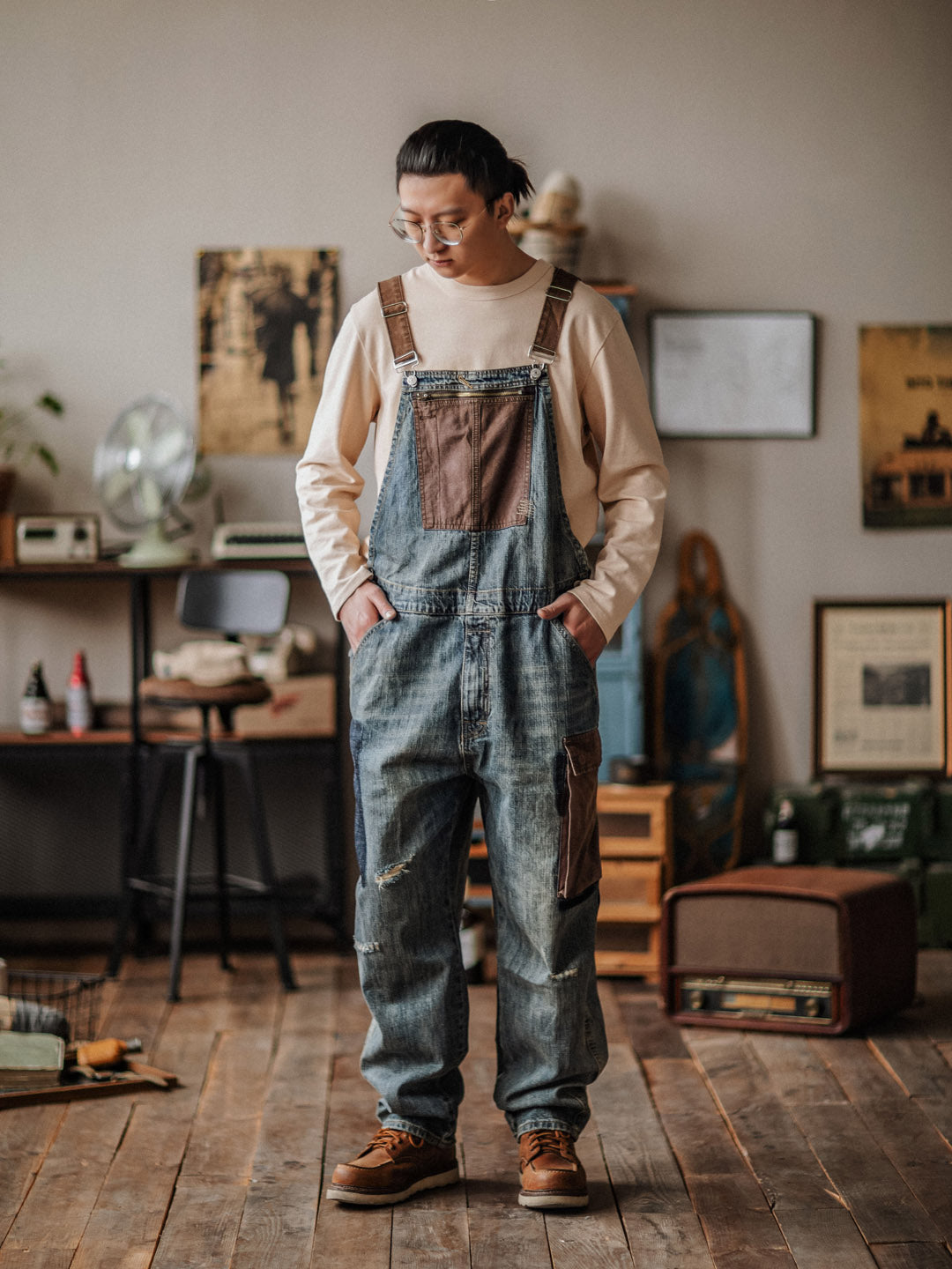 Distressed Denim Contrast Overalls