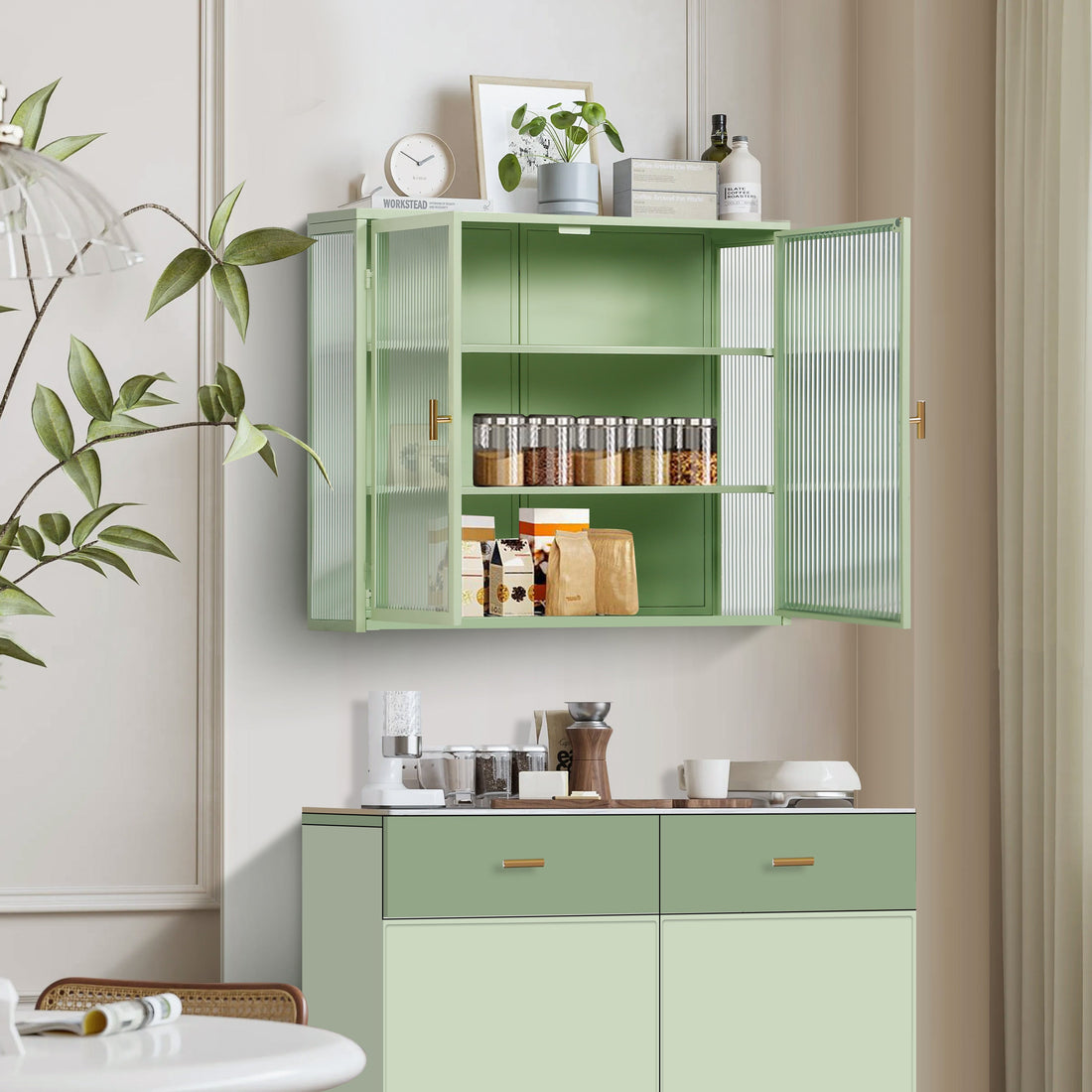 27.56"Glass Doors Modern Two-door Wall Cabinet with Featuring Three-tier Storage Mint Green