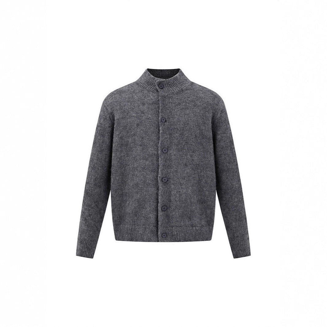 Vintage Stand Collar Melange Knit Cardigan Sweater Coat for Men and Women Couple