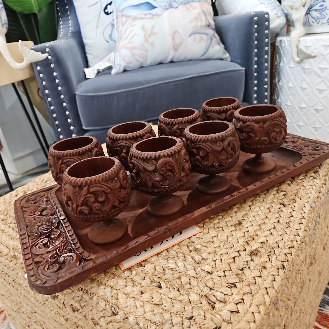 1960's Vintage Carved Wood Decorative Tray and Cup Set