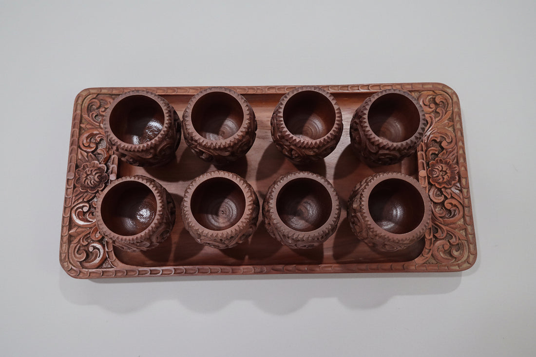 1960's Vintage Carved Wood Decorative Tray and Cup Set