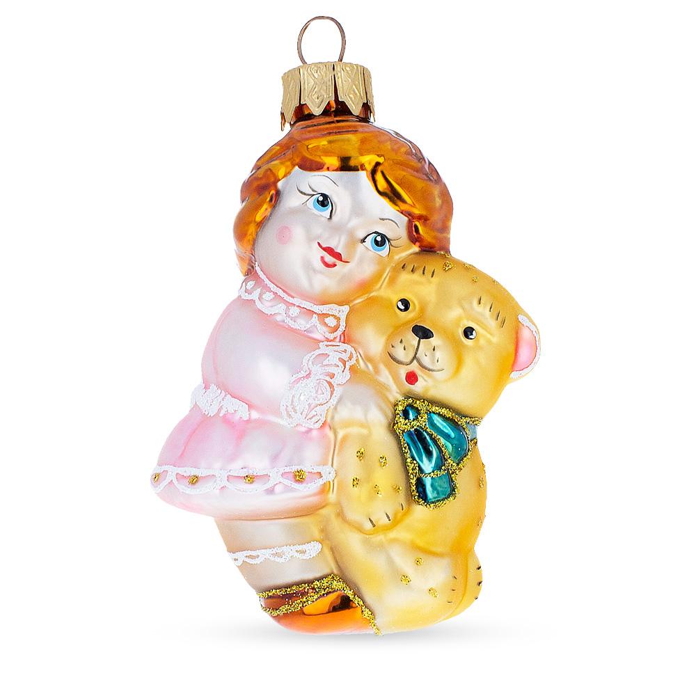 Girl Hugging Teddy Bear Glass Christmas Ornament