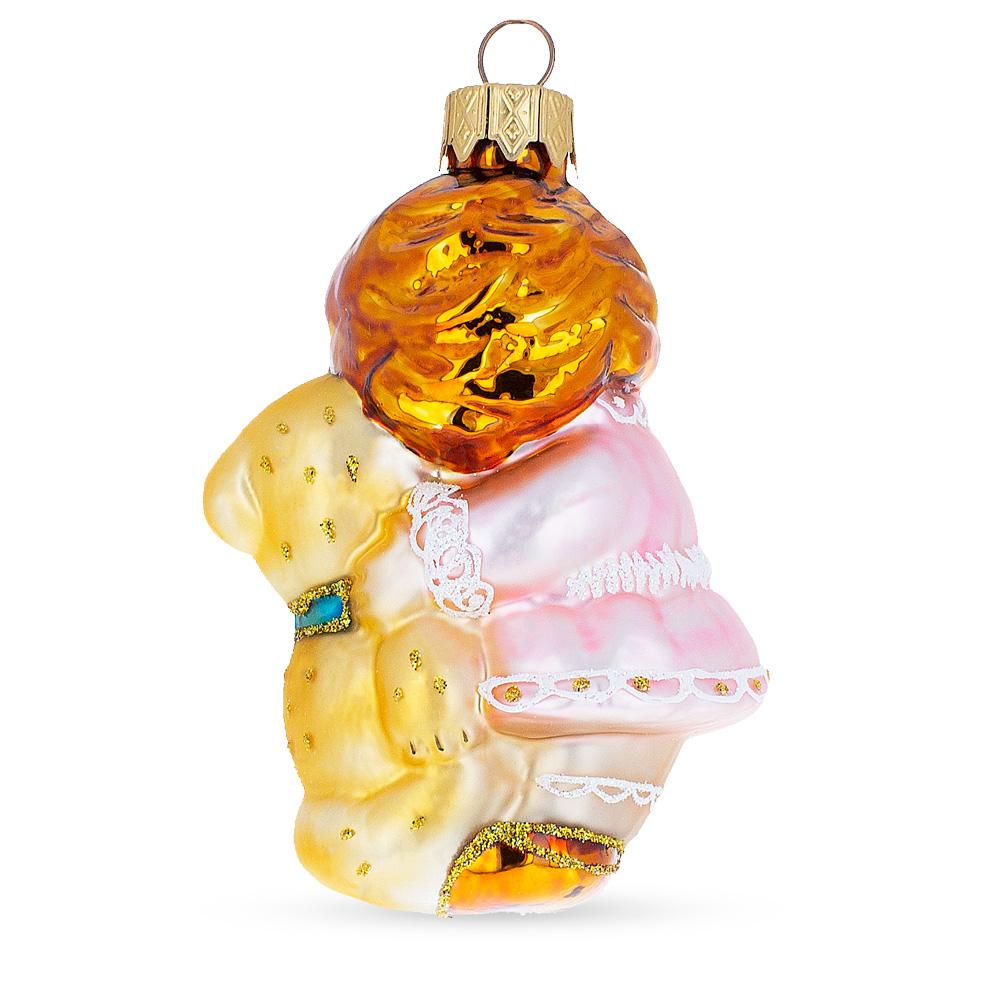 Girl Hugging Teddy Bear Glass Christmas Ornament