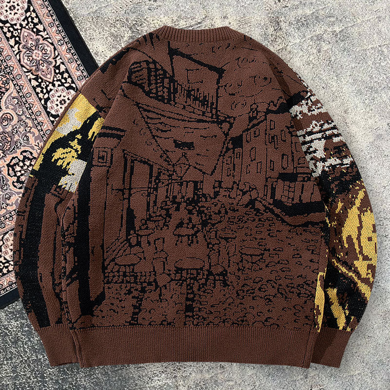 Sweater Men Vintage Fun Street Style Design Knitwear V-Neck Loose Casual Jacket