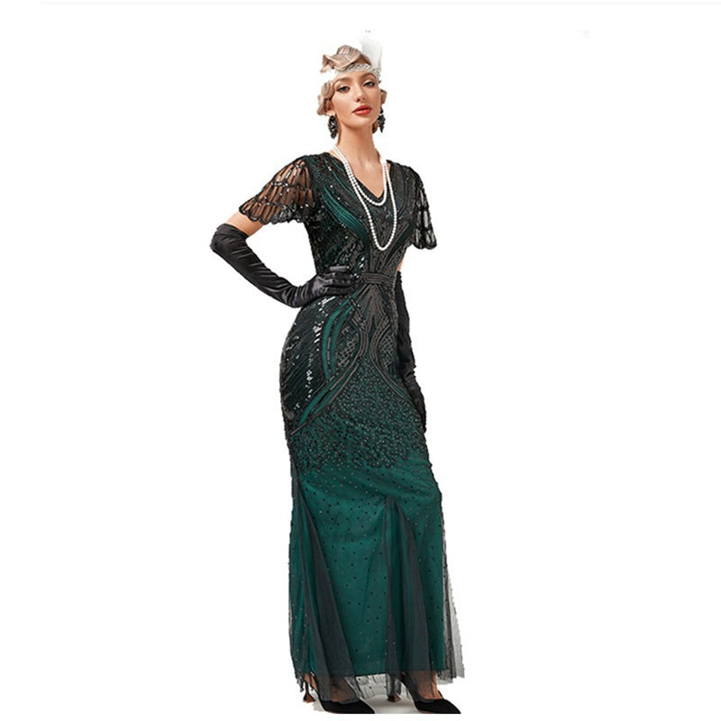 New 1920s Retro Gatsby Party Host Mesh Sequin Beaded Evening Dress Mermaid Dress
