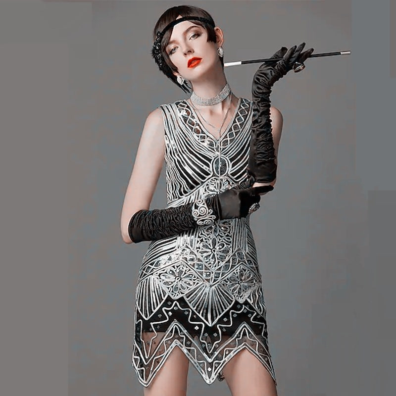 Vintage 1920s Gatsby Evening Dress Handwoven Sexy V-Neck Sleeveless Sequin Dress