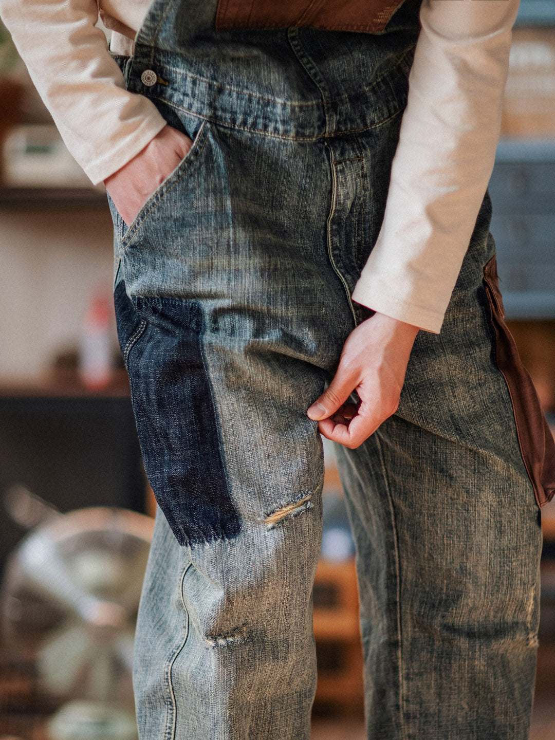 Distressed Denim Contrast Overalls