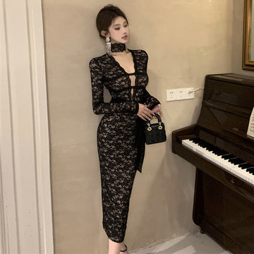 V-neck Lace-up Slimming Lace Long Sleeve Dress