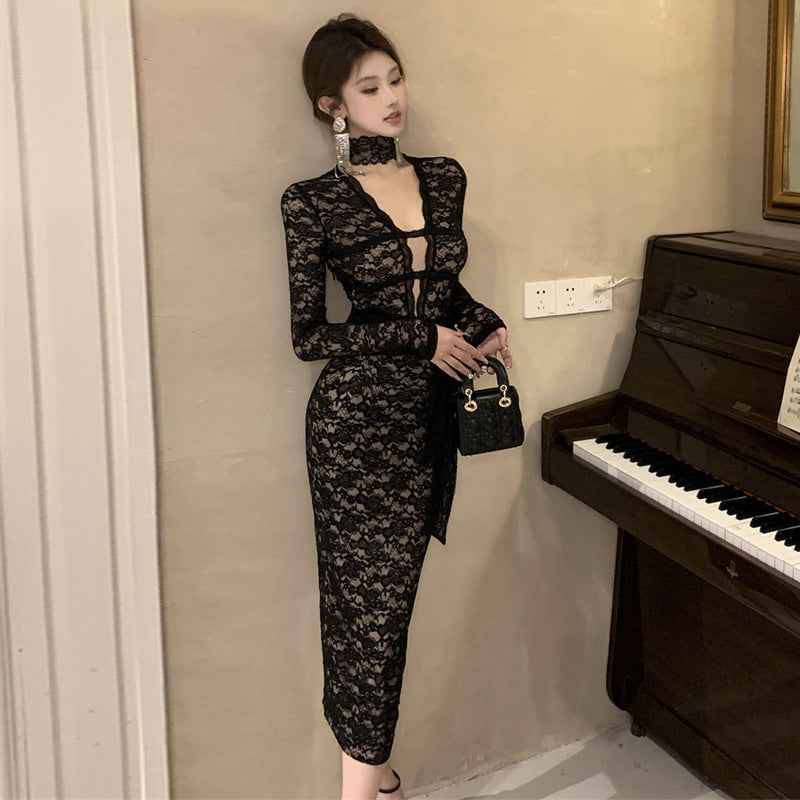 V-neck Lace-up Slimming Lace Long Sleeve Dress