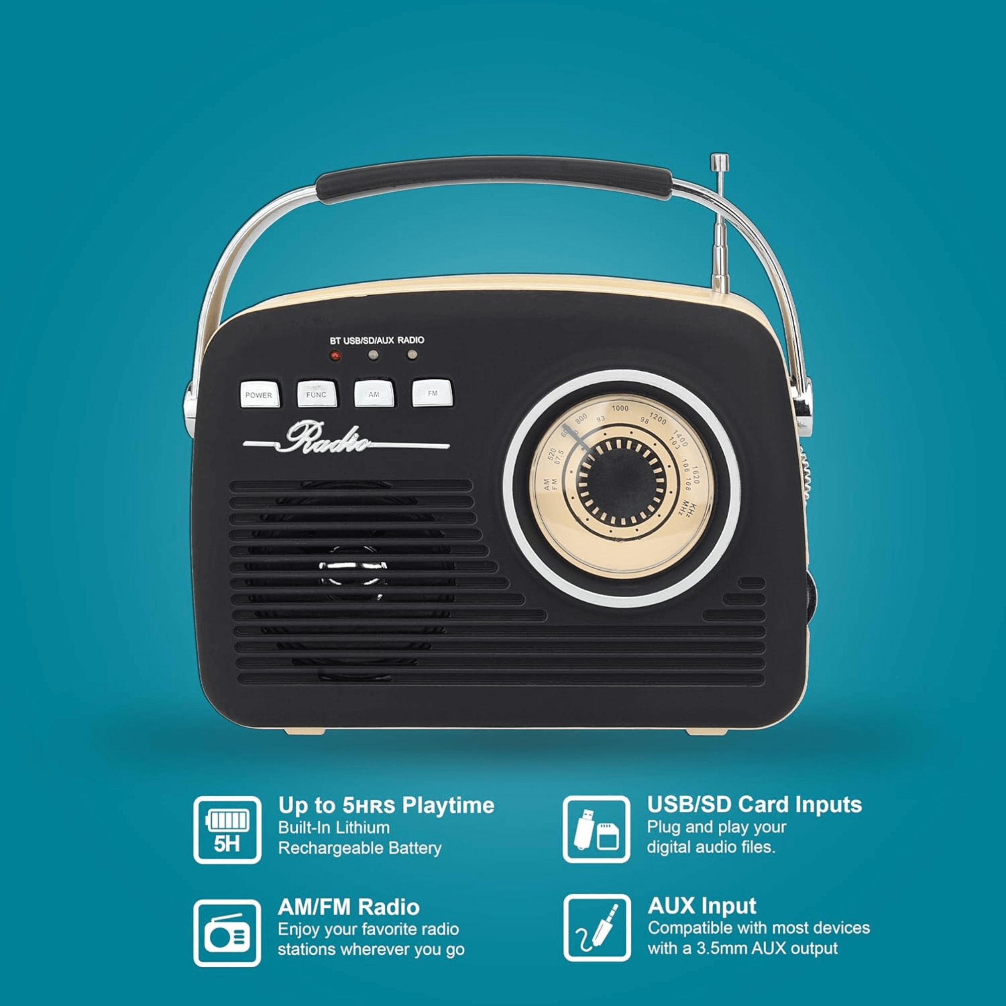 Supersonic Multi-Function Bluetooth Retro Speaker with Rechargeable Battery